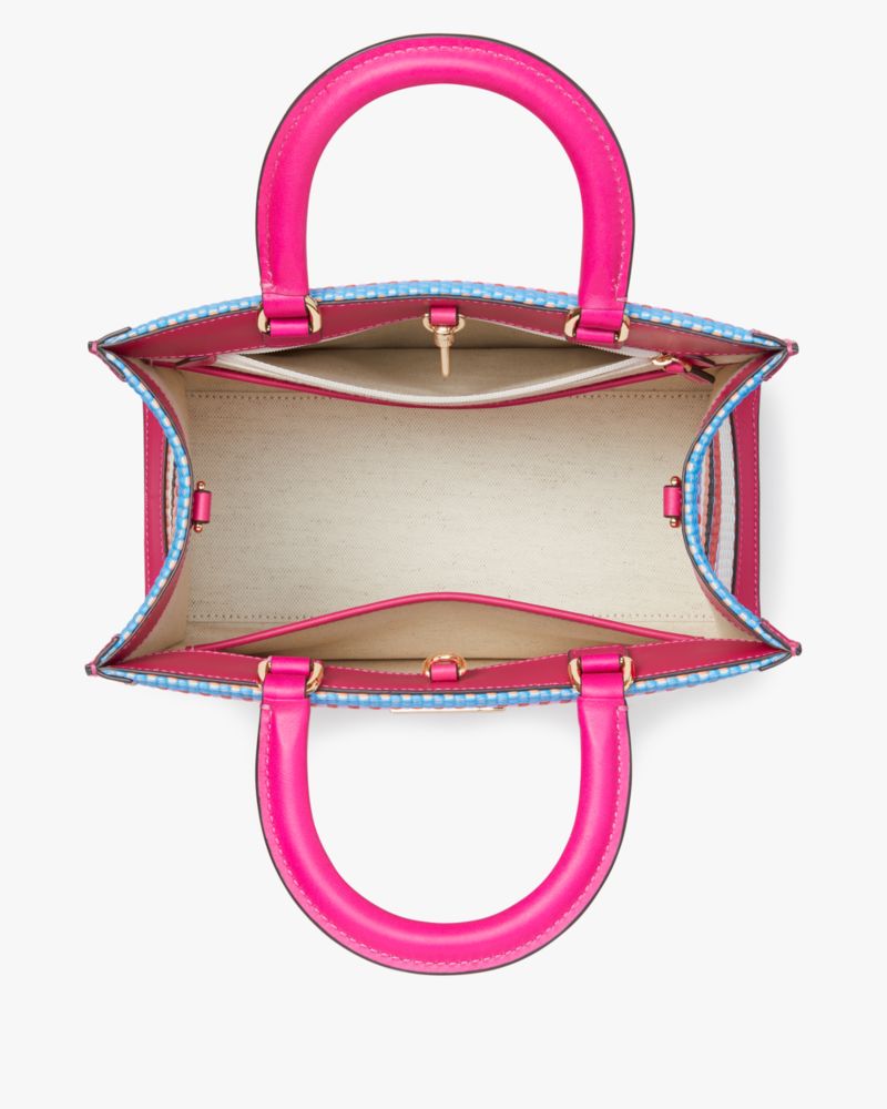 Kate Spade,Manhattan Striped Woven Straw Small Tote,Leather,Crossbody,Straw,Logo,Metal,Piping,Day Party,Multi Color