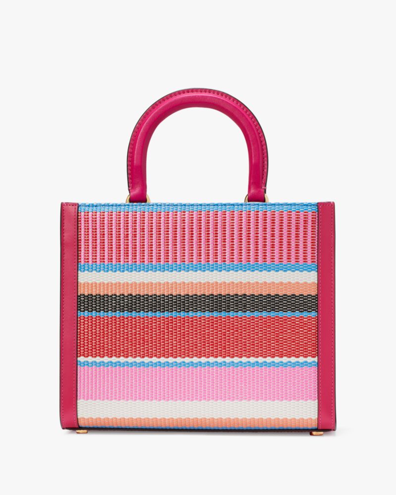 Kate Spade,Manhattan Striped Woven Straw Small Tote,Leather,Crossbody,Straw,Logo,Metal,Piping,Day Party,Multi Color