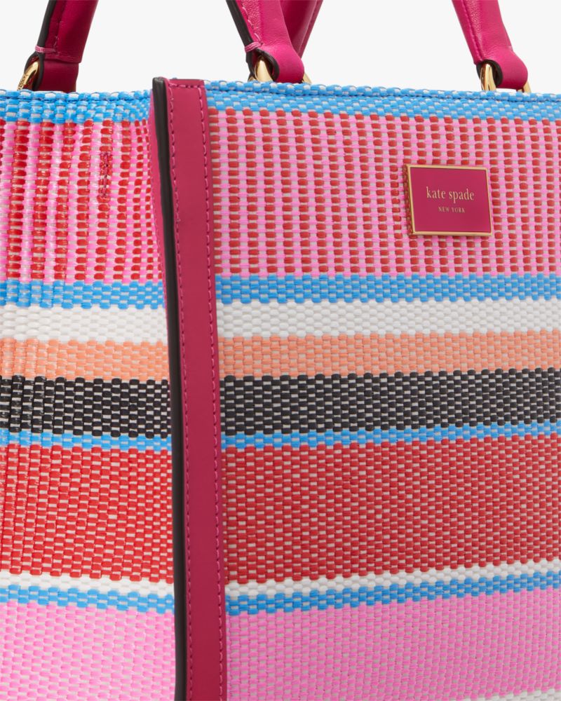 Kate Spade,Manhattan Striped Woven Straw Small Tote,Leather,Crossbody,Straw,Logo,Metal,Piping,Day Party,Multi Color