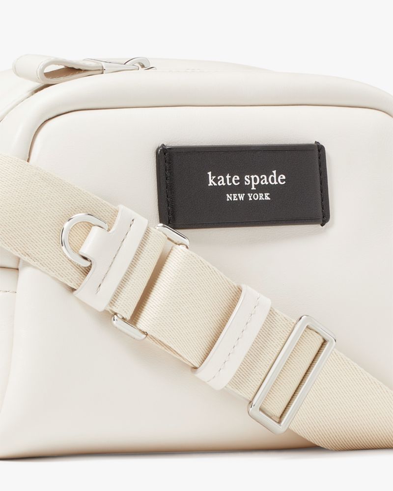 Kate Spade,Puffed Small Crossbody,Leather,Crossbody,Word Embellishment,Applique,Logo,Adjustable,Casual,Cream