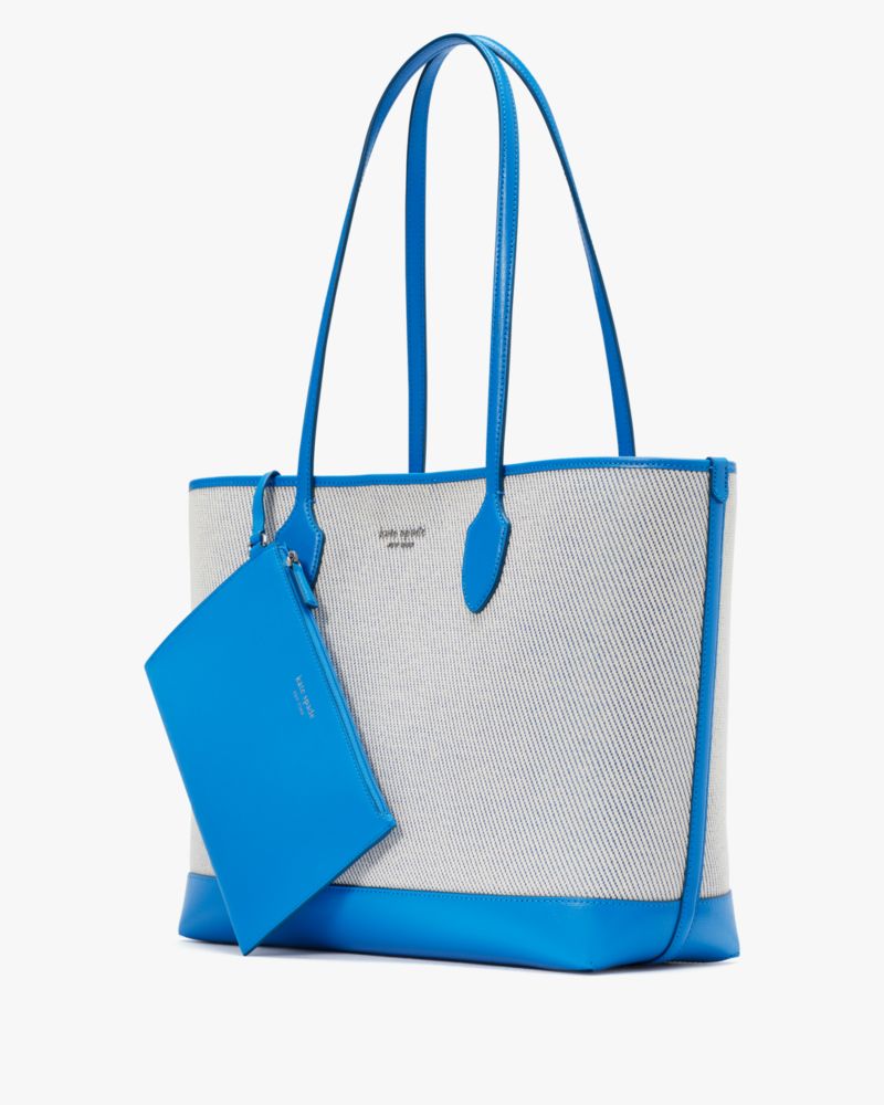 Kate Spade,Bleecker Canvas Large Tote,Leather,Canvas,Twill,Tote,Wristlet,Pouch,Piping,Color Block,Logo,Metal,Casual,Gray,Blue