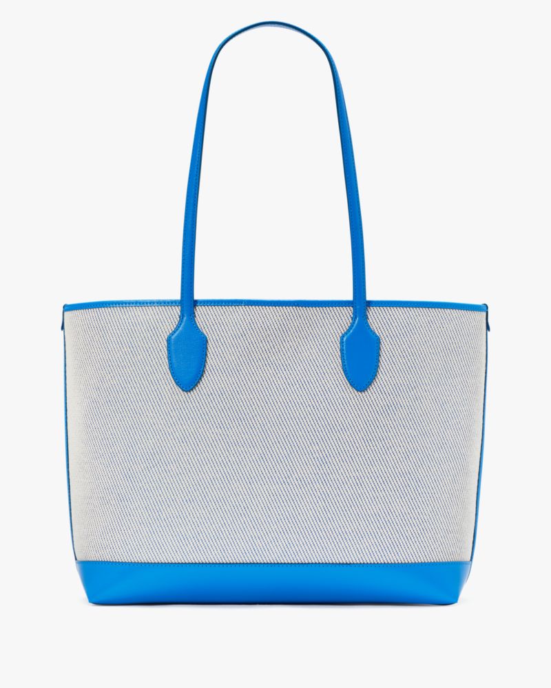 Kate Spade,Bleecker Canvas Large Tote,Leather,Canvas,Twill,Tote,Pouch,Wristlet,Logo,Color Block,Metal,Piping,Casual,Blue,Gray