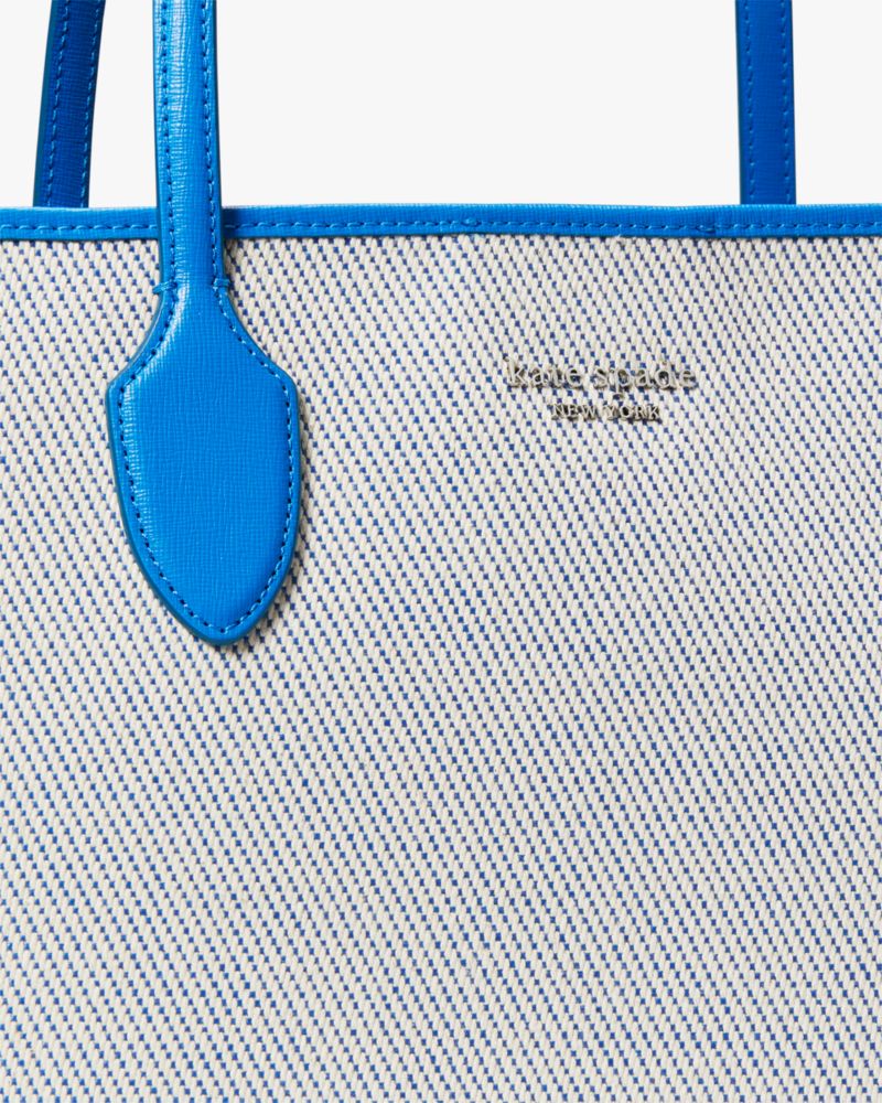 Kate Spade,Bleecker Canvas Large Tote,Leather,Canvas,Twill,Tote,Pouch,Wristlet,Logo,Color Block,Metal,Piping,Casual,Blue,Gray