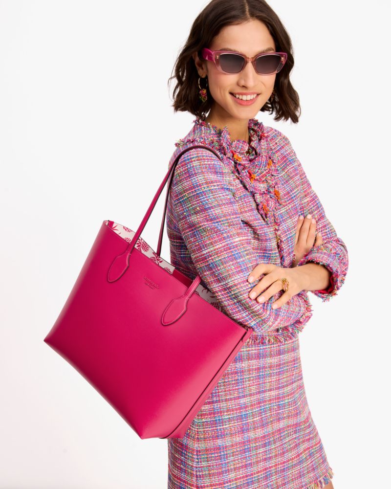 Kate Spade,Bleecker Pineapple Pop Large Tote,Leather,Tote,Wristlet,Pouch,Logo,Metal,Casual,Fuchsia,White