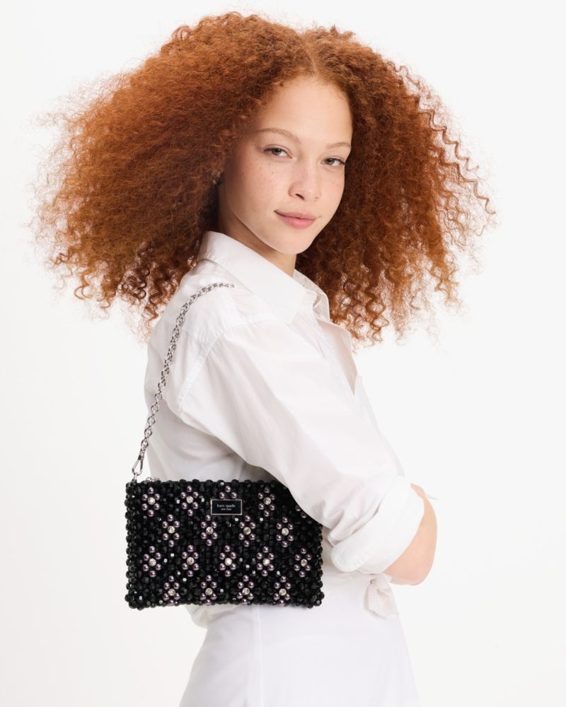 Kate Spade,Purl Flower Beaded Mini Shoulder Bag,Pouch,Beaded,Rhinestones,Pearl,Bead Embellishment,Formal,