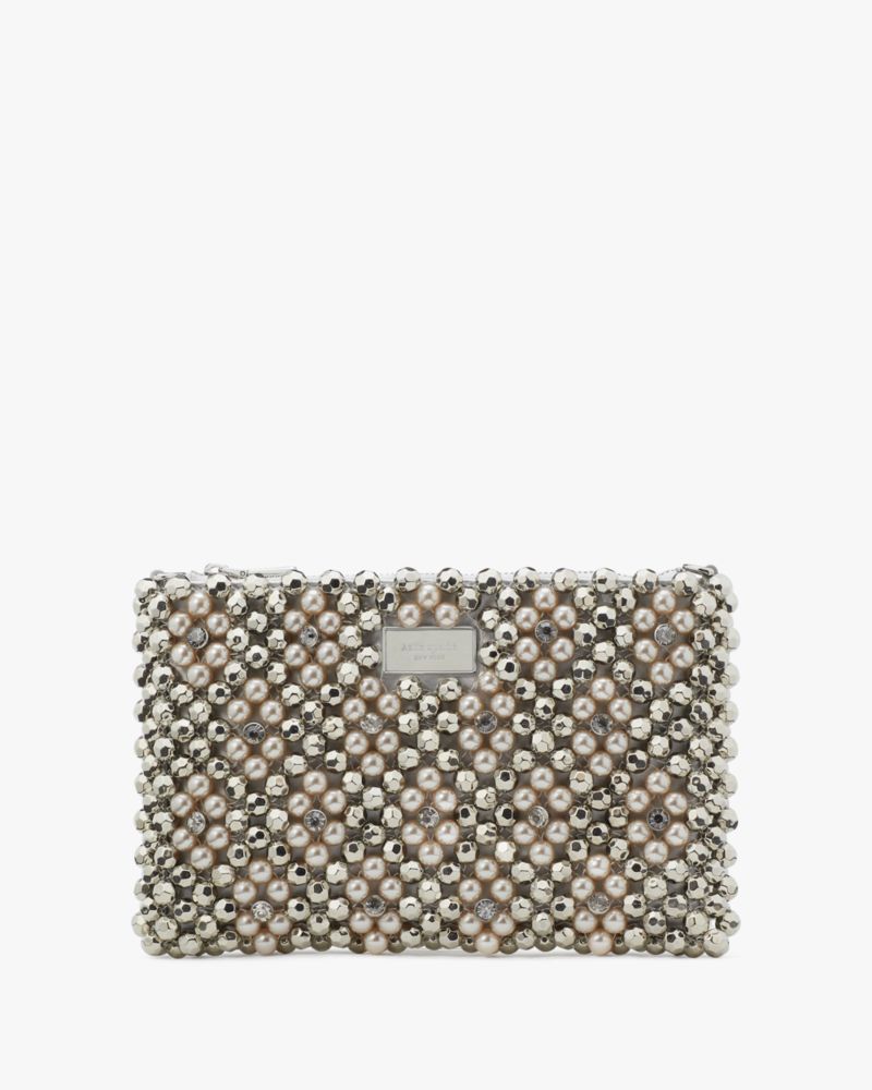 Kate Spade,Purl Flower Beaded Mini Shoulder Bag,Platinum Grey Metallic