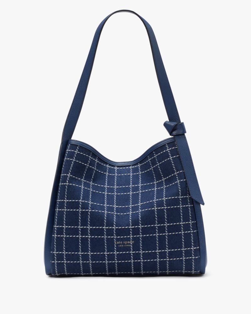 Kate Spade,Knott Denim Check Large Shoulder Bag,Indigo Multi