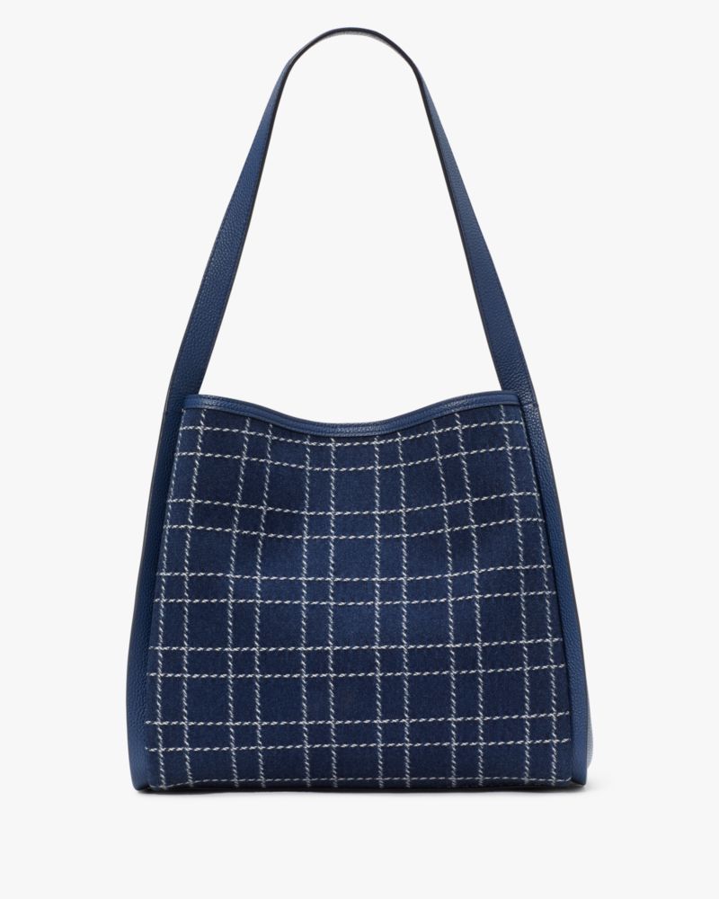 Kate Spade,Knott Denim Check Large Shoulder Bag,Denim,Hobo,Logo,Metal,Knot,Casual,
