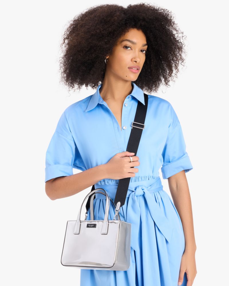 Kate Spade,Sam Icon Square Tote,Crossbody,Logo,Word Embellishment,Silver Metal,Casual,