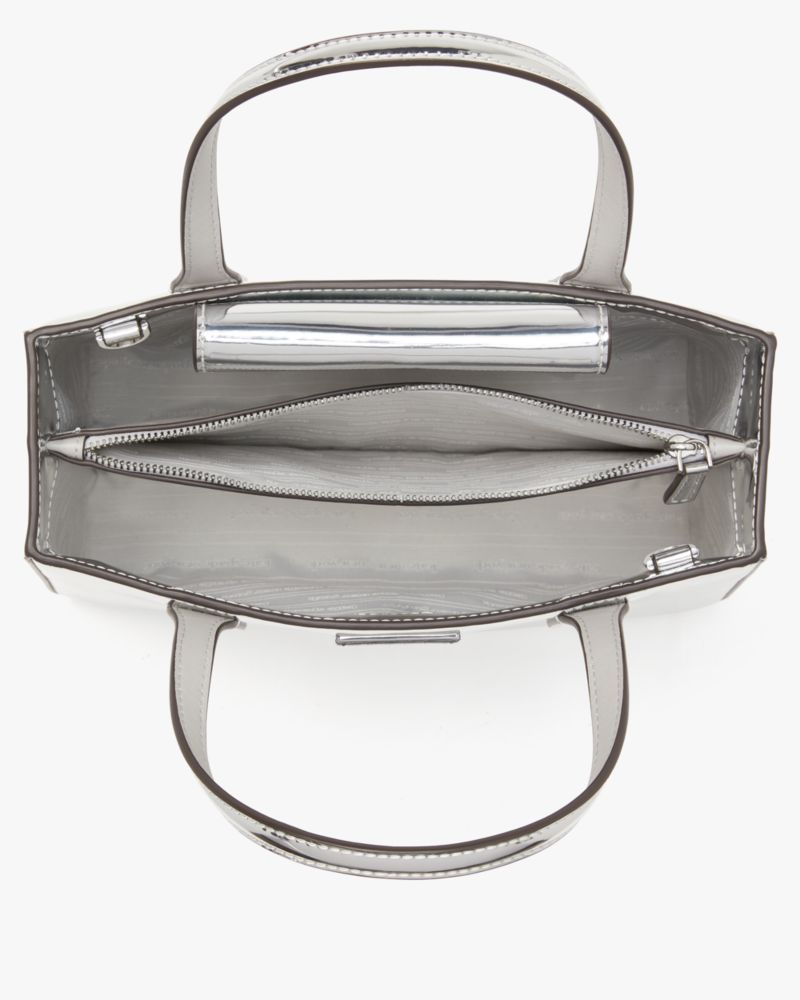 Kate Spade,Sam Icon Square Tote,Crossbody,Logo,Word Embellishment,Silver Metal,Casual,White