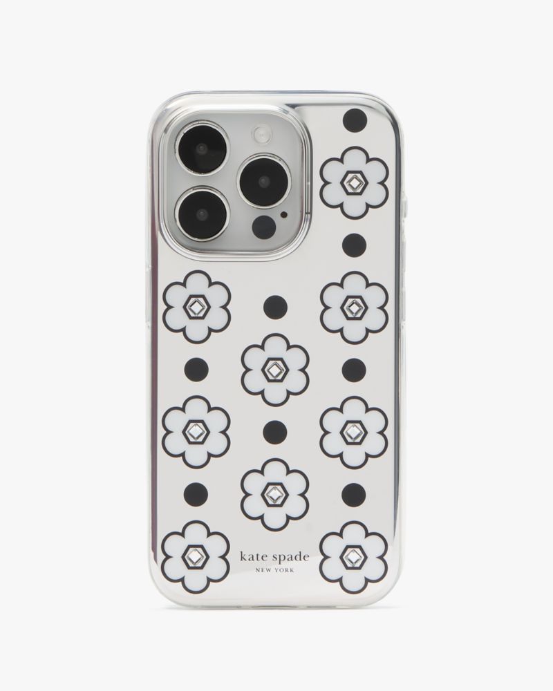 Kate Spade,Daisy Dot Mirrored iPhone 15 Pro Phone Case,Case,Logo,Word Embellishment,Studded,Casual,Clear