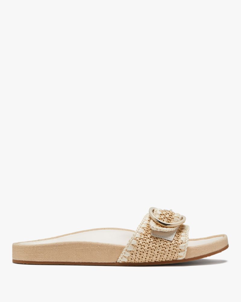 Kate Spade,Della Slide,Raffia,Lining Leather,Rubber,Slides,Straw,Belt,Gold Metal,Casual,Beige