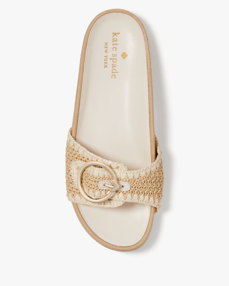 Kate Spade,Della Slide,Raffia,Lining Leather,Rubber,Slides,Straw,Belt,Gold Metal,Casual,Beige