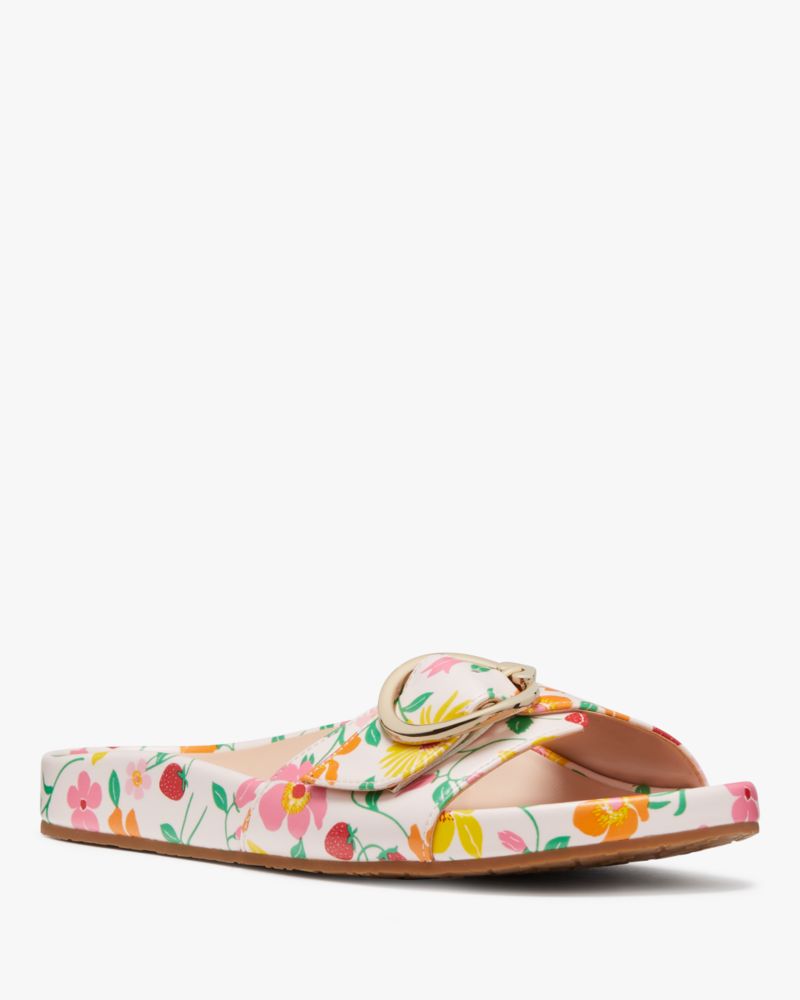 Kate Spade,Della Strawberry Garden Slide,Lining Leather,Faux Leather,Rubber,Slides,Belt,Gold Metal,Casual,White