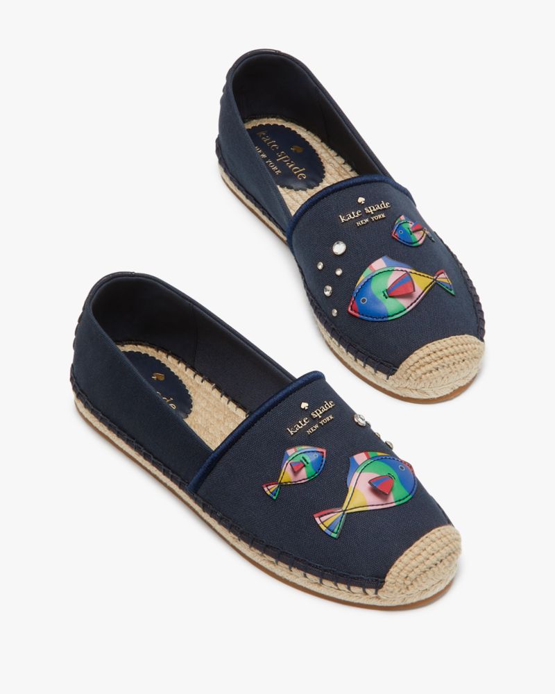 Kate Spade,Aqua Fish Espadrilles,Canvas,Rubber,Cotton,Espadrilles,Flats,Applique,Logo,Metal,Rhinestones,Casual,Navy