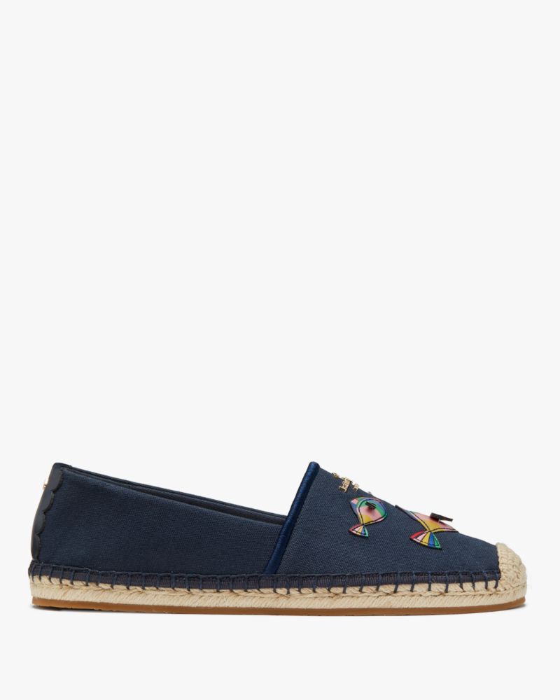 Kate Spade,Aqua Fish Espadrilles,Canvas,Rubber,Cotton,Espadrilles,Flats,Applique,Logo,Metal,Rhinestones,Casual,Navy