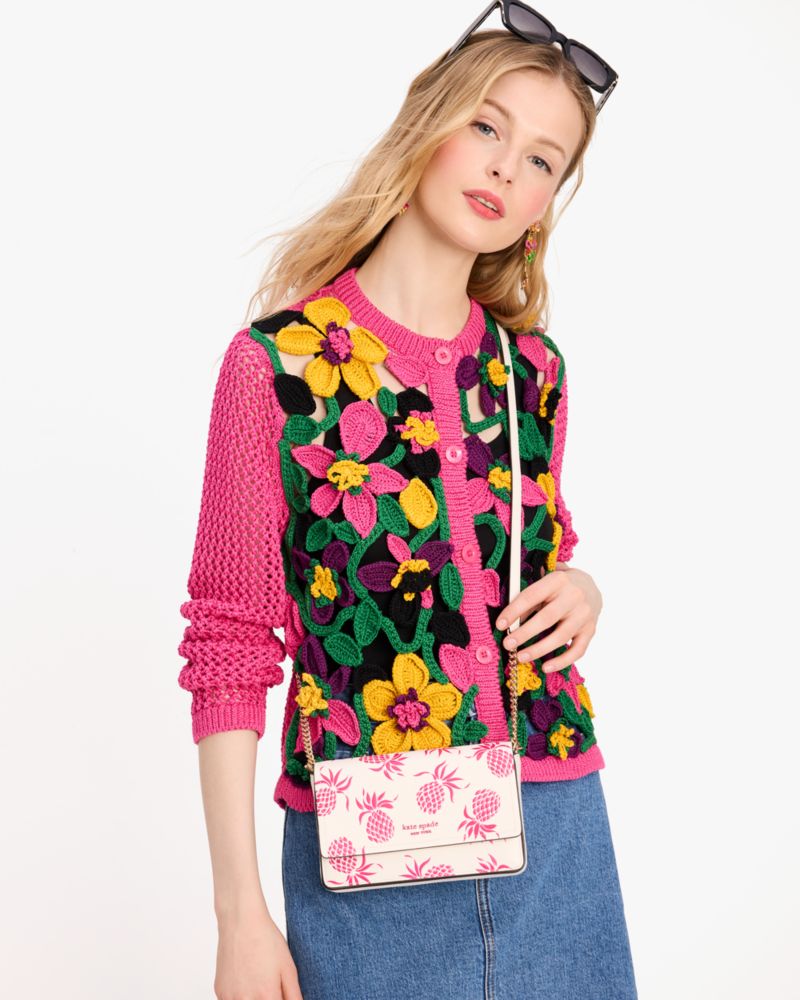 Kate Spade,Morgan Pineapple Embossed Flap Chain Wallet,Leather,Crossbody,Chain Detail,Logo,Metal,Scratch Resistant,Day Party,