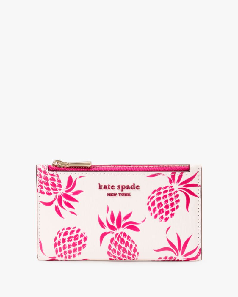 Kate Spade,Morgan Pineapple Embossed Small Slim Bifold Wallet,Leather,Bi Fold,Logo,Metal,Scratch Resistant,Casual,