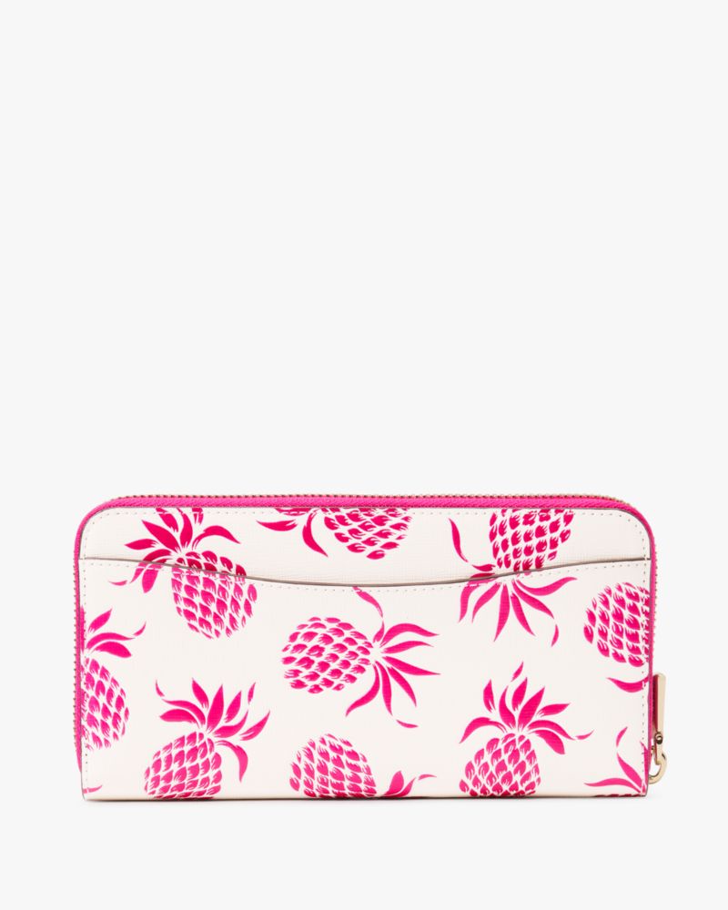 Kate Spade,Morgan Pineapple Embossed Zip Around Continental Wallet,Leather,Continental,Metal,Logo,Scratch Resistant,Casual,Cream