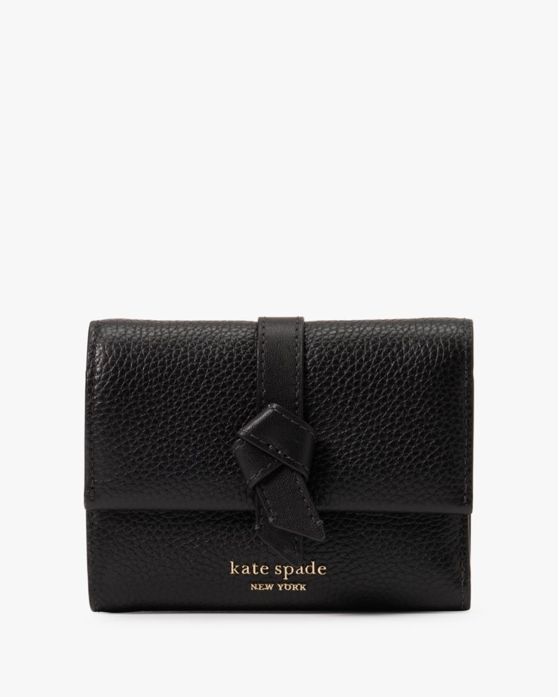 Kate Spade,Knott Small Compact Wallet,Leather,Tri Fold,Logo,Metal,Casual,Black