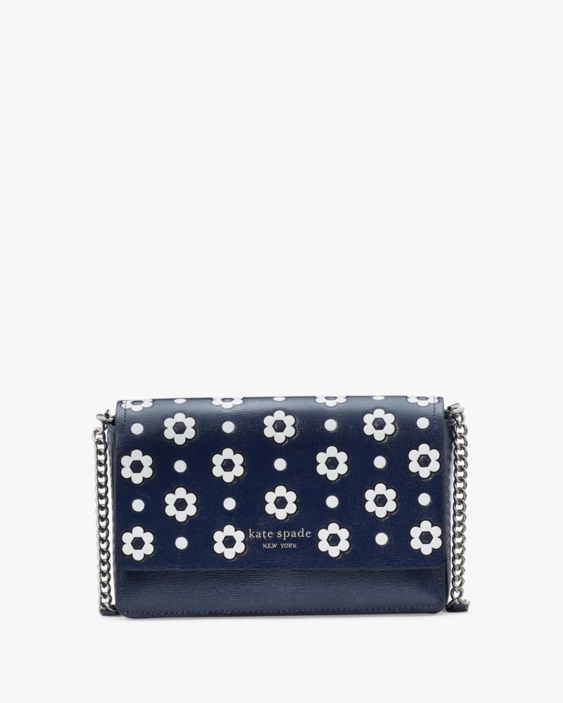 Kate Spade,Morgan Daisy Dot Flap Chain Wallet,Crossbody,Chain Detail,Pattern,Scratch Resistant,Casual,Navy