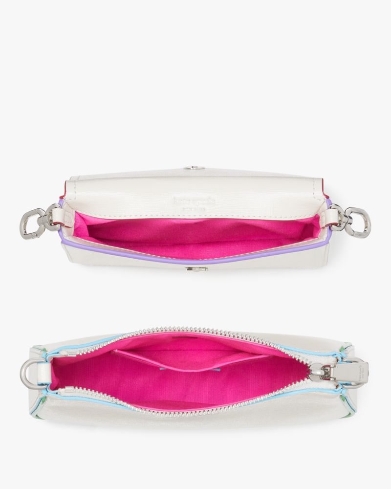 Kate Spade,Double Up Rainbow Trim Crossbody,Leather,Clutch,Crossbody,Logo,Metal,Stripe,Casual,