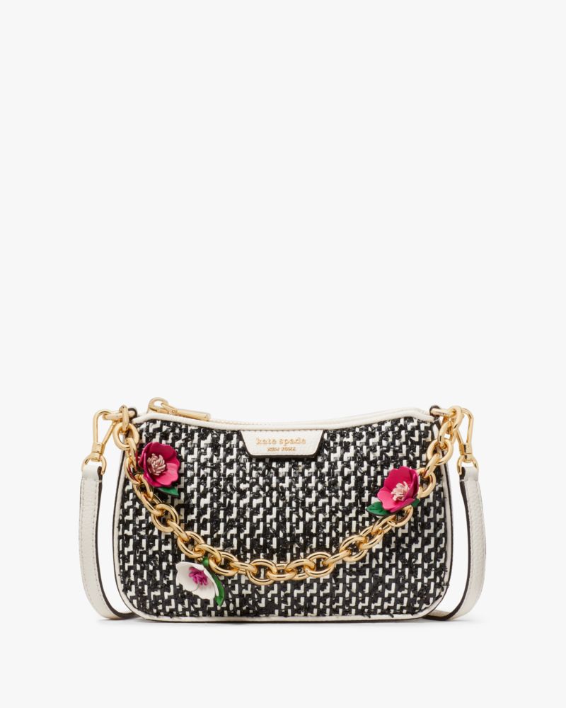 Kate Spade,Jolie Raffia Tweed Small Convertible Crossbody,Tweed,Crossbody,Straw,Piping,Logo,3D Embellishment,Metal,Shoulde...,