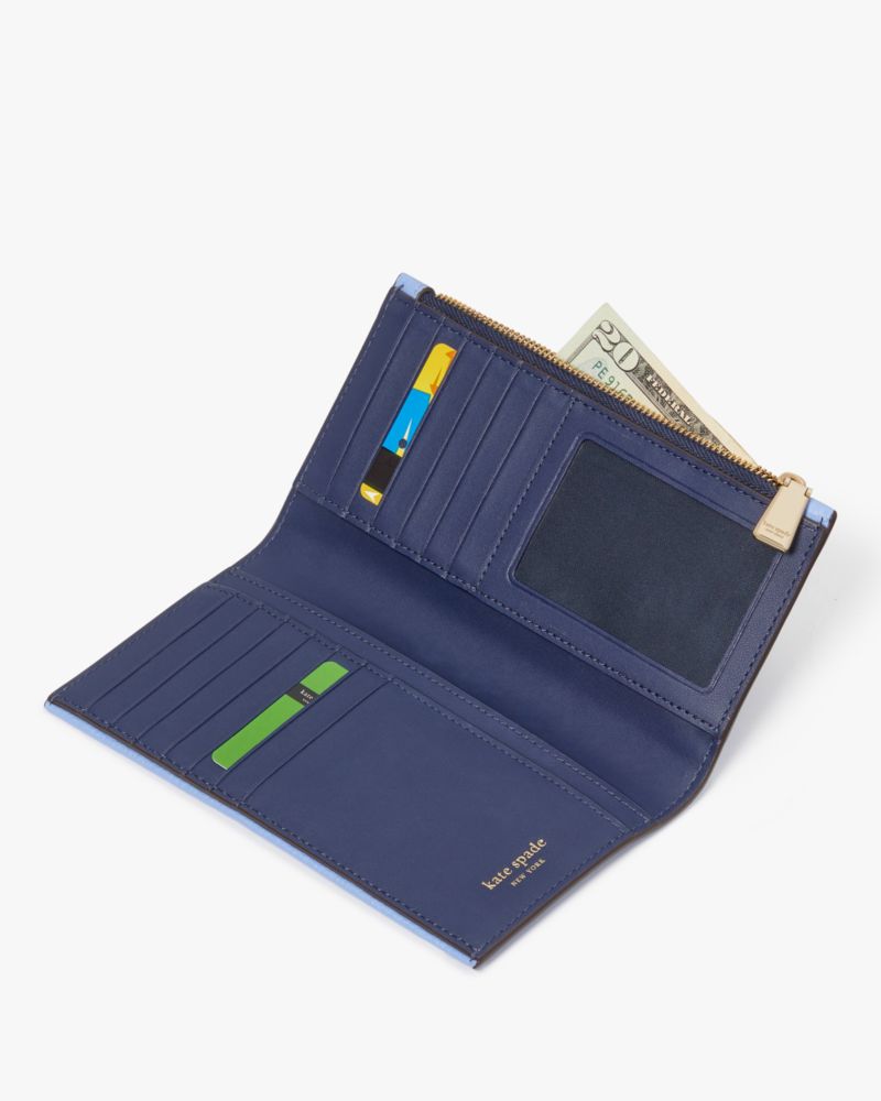 Kate Spade,Knott Colorblocked Zip Slim Wallet,Leather,Bi Fold,Logo,Metal,Casual,Blue