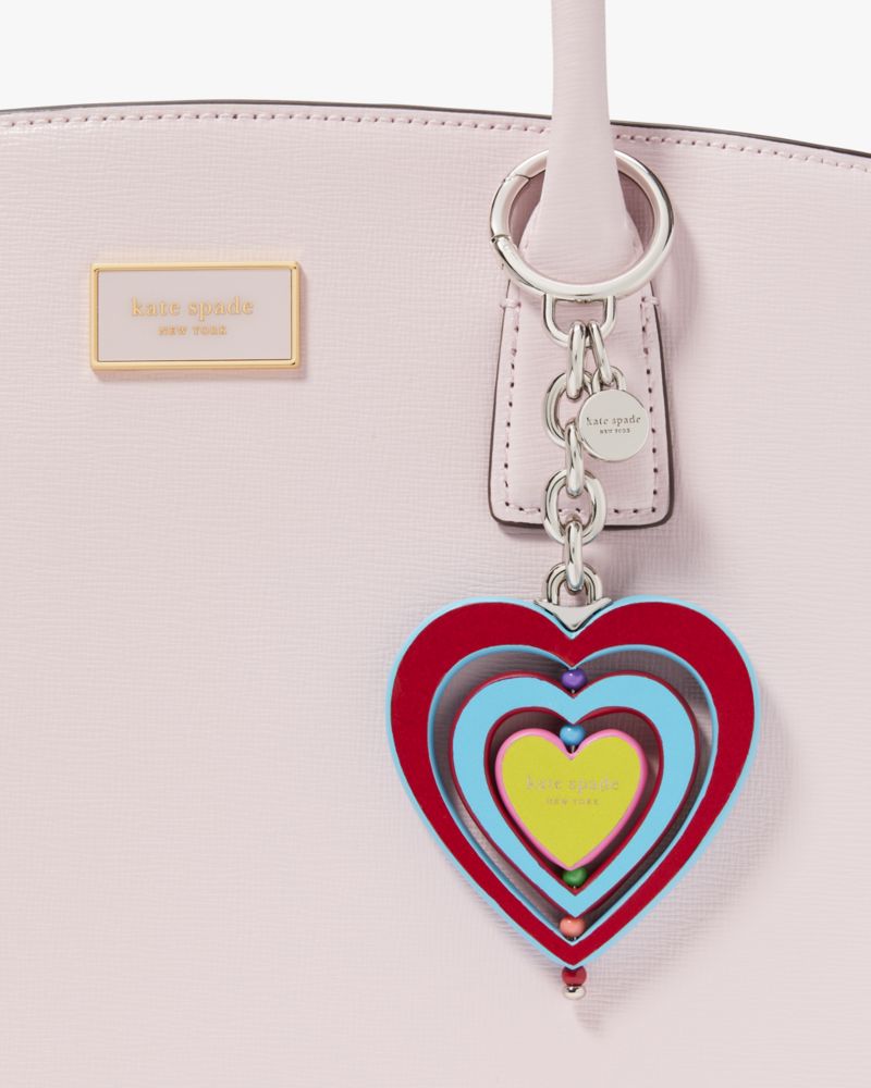 Kate Spade,Rainbow Heart Keyfob,Key Chain,Leather,Bead Embellishment,Silver Metal,