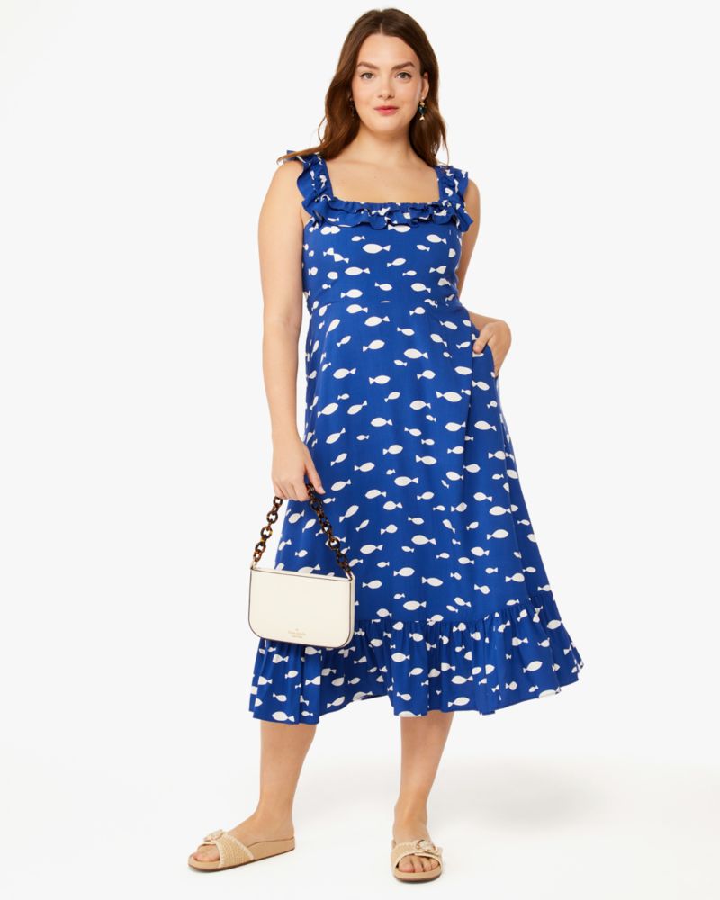 Kate Spade,Graphic Fish Ruffle Midi Dress,Lining Polyester,A-Line,Gathered Elastic Detail,Ruffles,Lined,Day Party,Sapphire