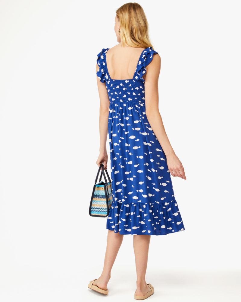 Kate Spade,Graphic Fish Ruffle Midi Dress,Lining Polyester,A-Line,Gathered Elastic Detail,Ruffles,Lined,Day Party,Sapphire