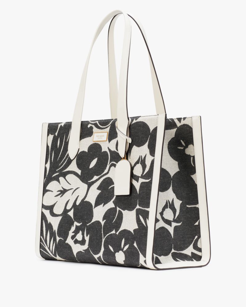 Kate Spade,Manhattan Tropical Foliage Canvas Jacquard Over The Shoulder Tote,Leather,Tote,Logo,Metal,Piping,Casual,