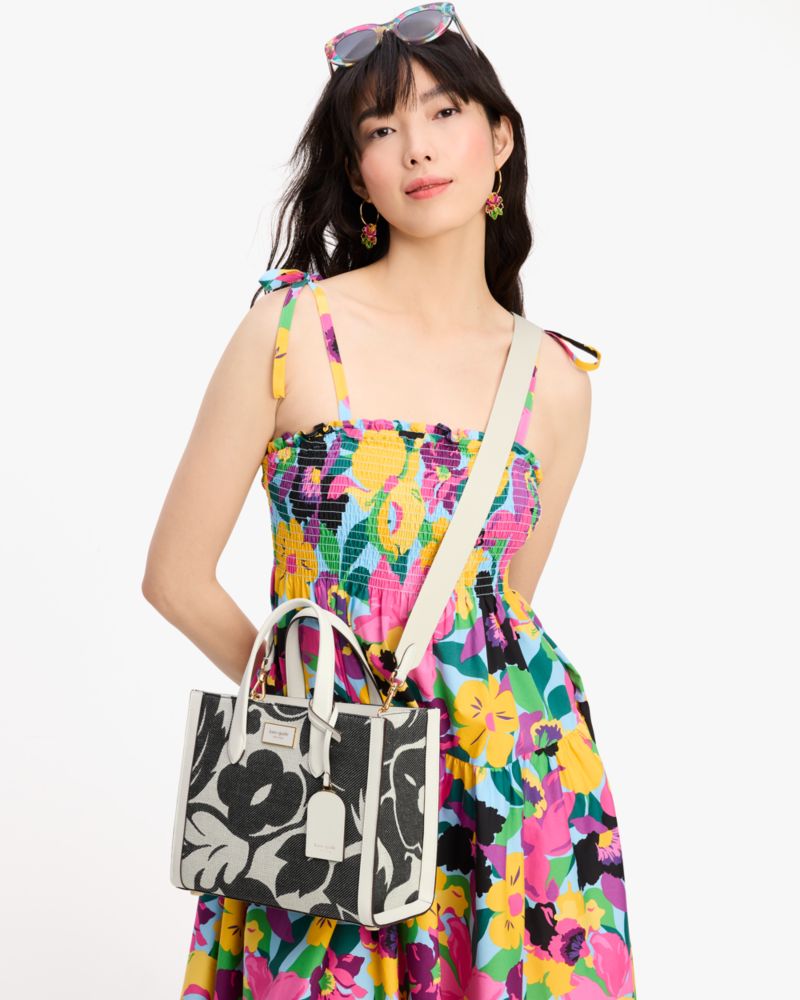 Kate Spade,Manhattan Tropical Foliage Canvas Jacquard Small Tote,Leather,Crossbody,Logo,Metal,Day Party,