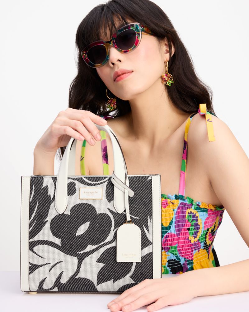 Kate Spade,Manhattan Tropical Foliage Canvas Jacquard Small Tote,Leather,Crossbody,Logo,Metal,Day Party,
