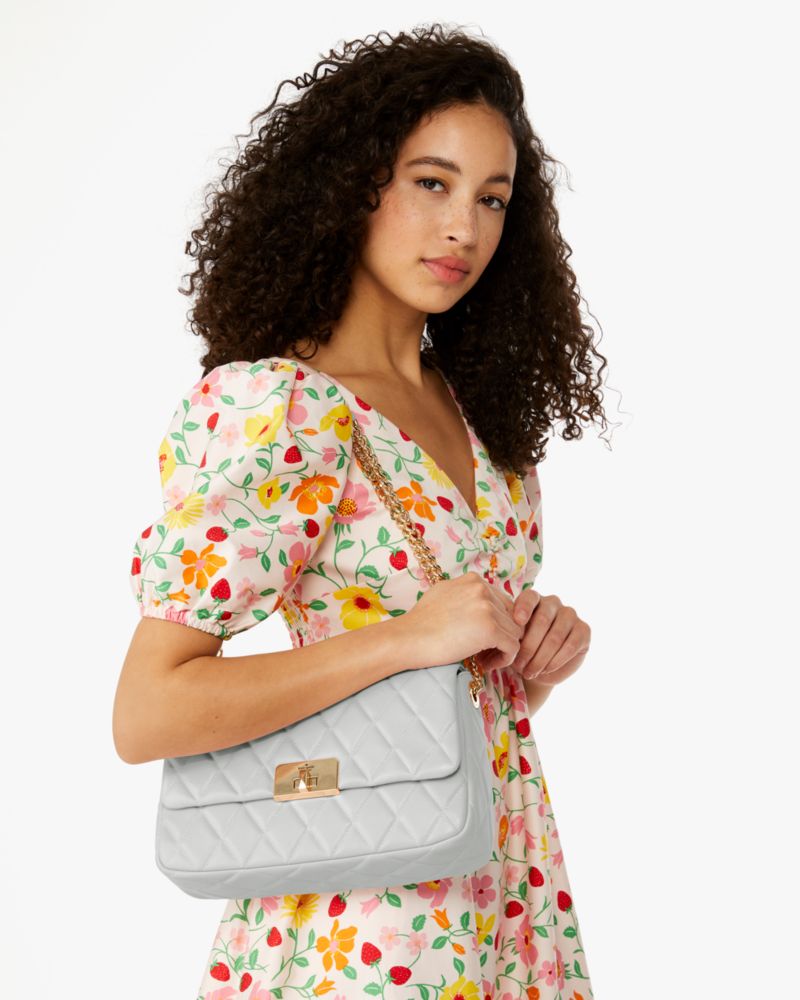 Kate Spade,Carey Medium Flap Shoulder Bag,Lining Leather,Shoulder Bag,No Embellishment,Lined,Gold Metal,Day Party,Gray