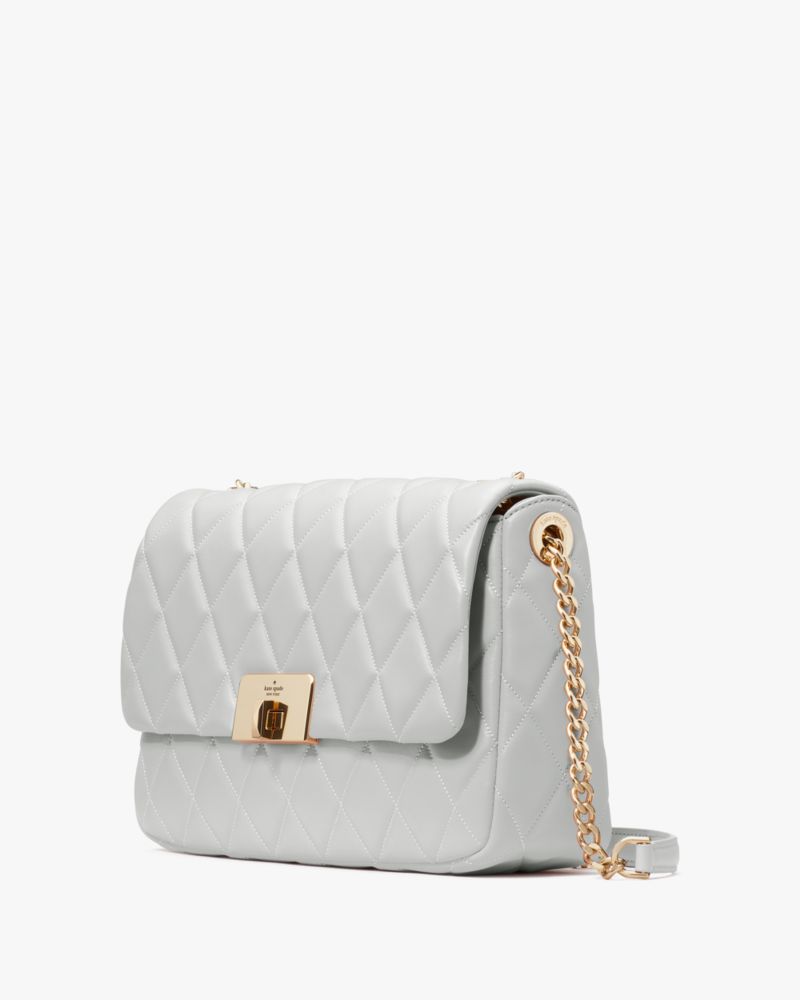 Kate Spade,Carey Medium Flap Shoulder Bag,Lining Leather,Shoulder Bag,No Embellishment,Lined,Gold Metal,Day Party,Gray
