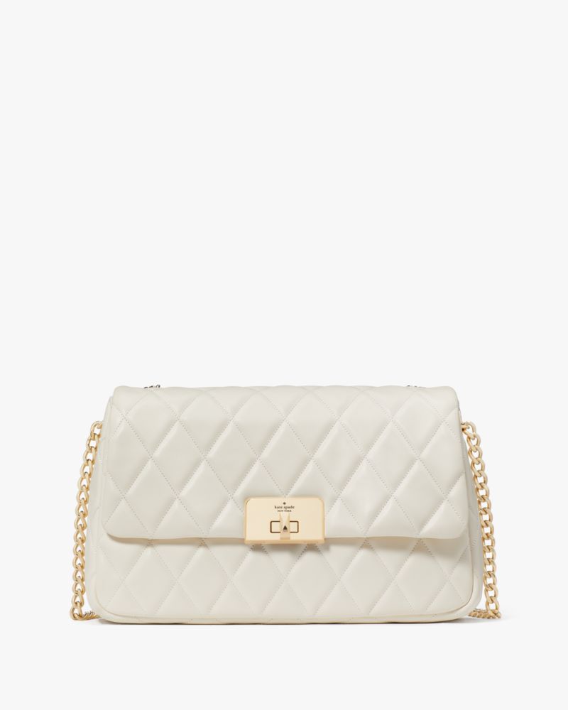 Kate Spade,Carey Medium Flap Shoulder Bag,Lining Leather,Shoulder Bag,No Embellishment,Lined,Gold Metal,Day Party,Cream