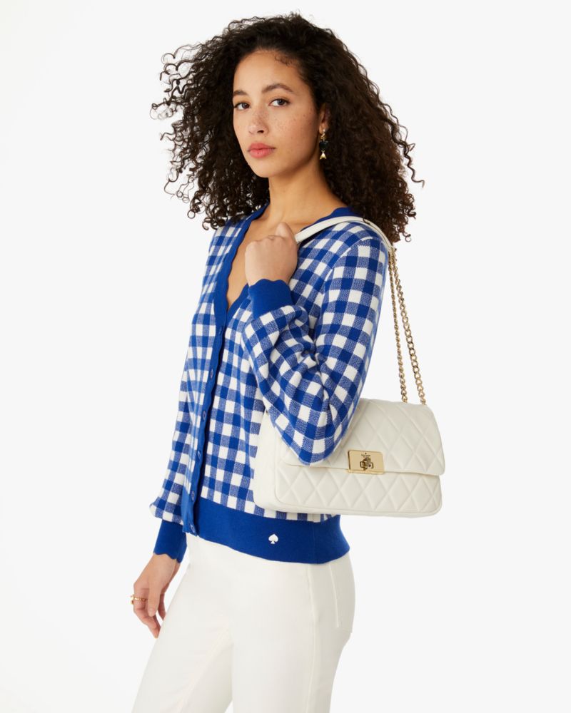 Kate Spade,Carey Medium Flap Shoulder Bag,Lining Leather,Shoulder Bag,No Embellishment,Lined,Gold Metal,Day Party,Cream