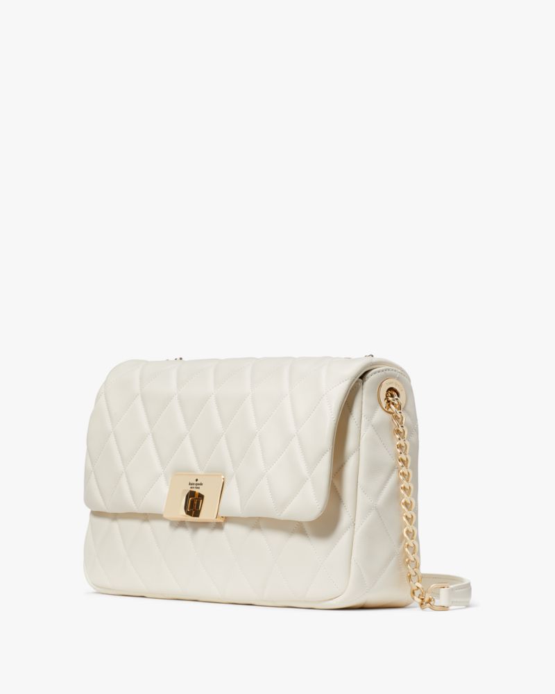 Kate Spade,Carey Medium Flap Shoulder Bag,Lining Leather,Shoulder Bag,No Embellishment,Lined,Gold Metal,Day Party,Cream