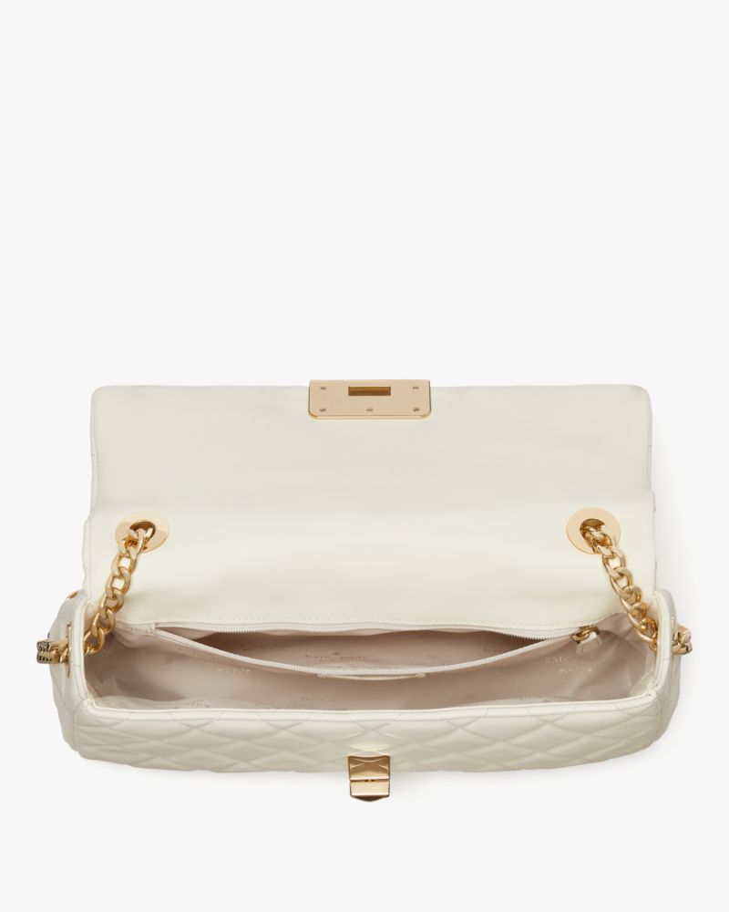 Kate Spade,Carey Medium Flap Shoulder Bag,Lining Leather,Shoulder Bag,No Embellishment,Lined,Gold Metal,Day Party,Cream