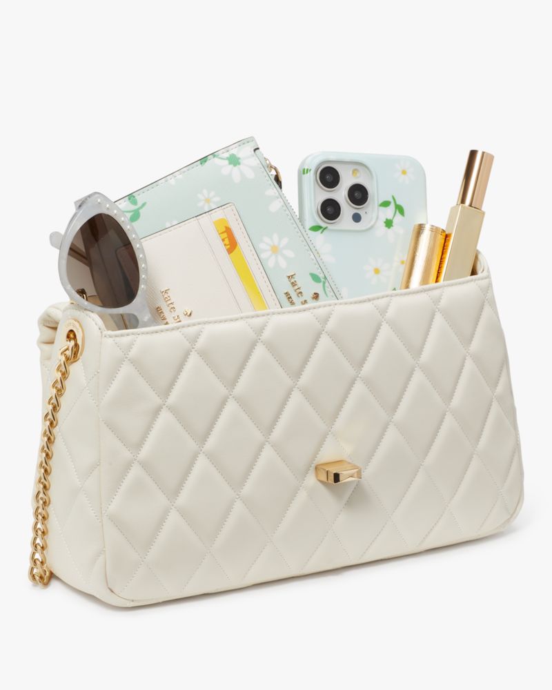 Kate Spade,Carey Medium Flap Shoulder Bag,Lining Leather,Shoulder Bag,No Embellishment,Lined,Gold Metal,Day Party,Cream
