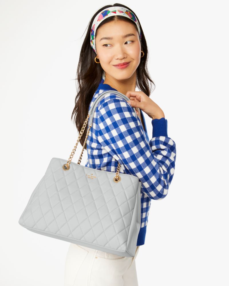 Kate Spade,Carey Quilted Tote,Lining Leather,Tote,Metal,Logo,Lined,Gold Metal,Day Party,Gray