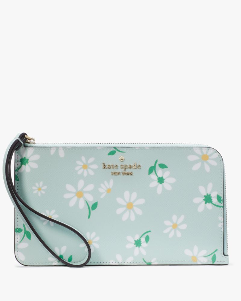 Kate Spade,Lucy Day Tripper Daisy Medium L-Zip Wristlet,Daisy Print,Crystal Blue Multi