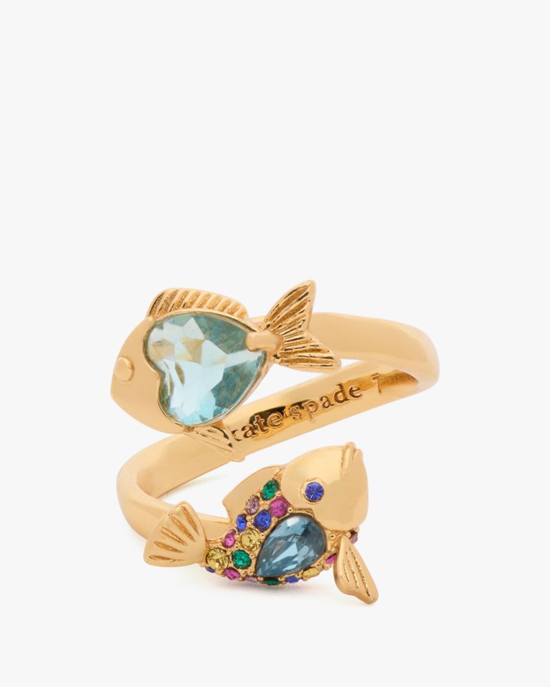 Kate Spade,What A Catch Fish Ring,Twist,Rhinestones,Gold Metal,Gold Plated,Cocktail,Multi Color