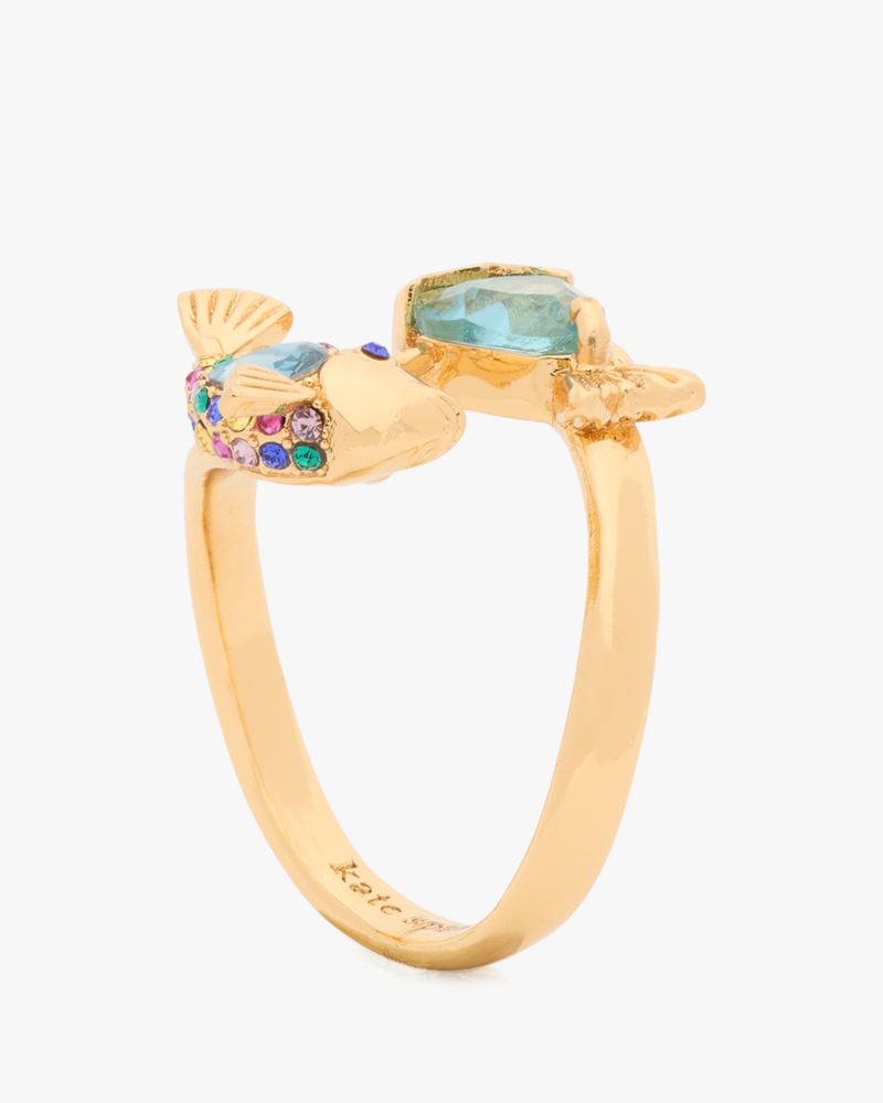 Kate Spade,What A Catch Fish Ring,Twist,Rhinestones,Gold Metal,Gold Plated,Cocktail,Multi Color