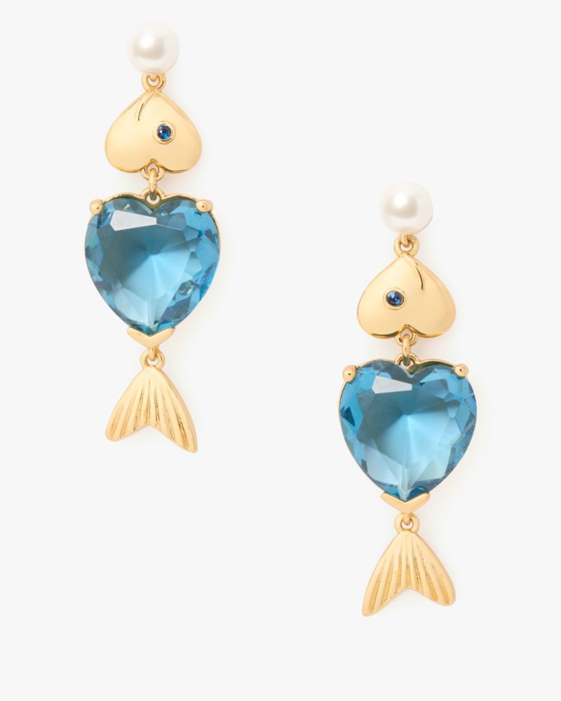 Kate Spade,What A Catch Fish Statement Earrings,Dangle Earring,Heart Embellishment,Novelty Embellishment,Pearl,Rhinestones...,Blue