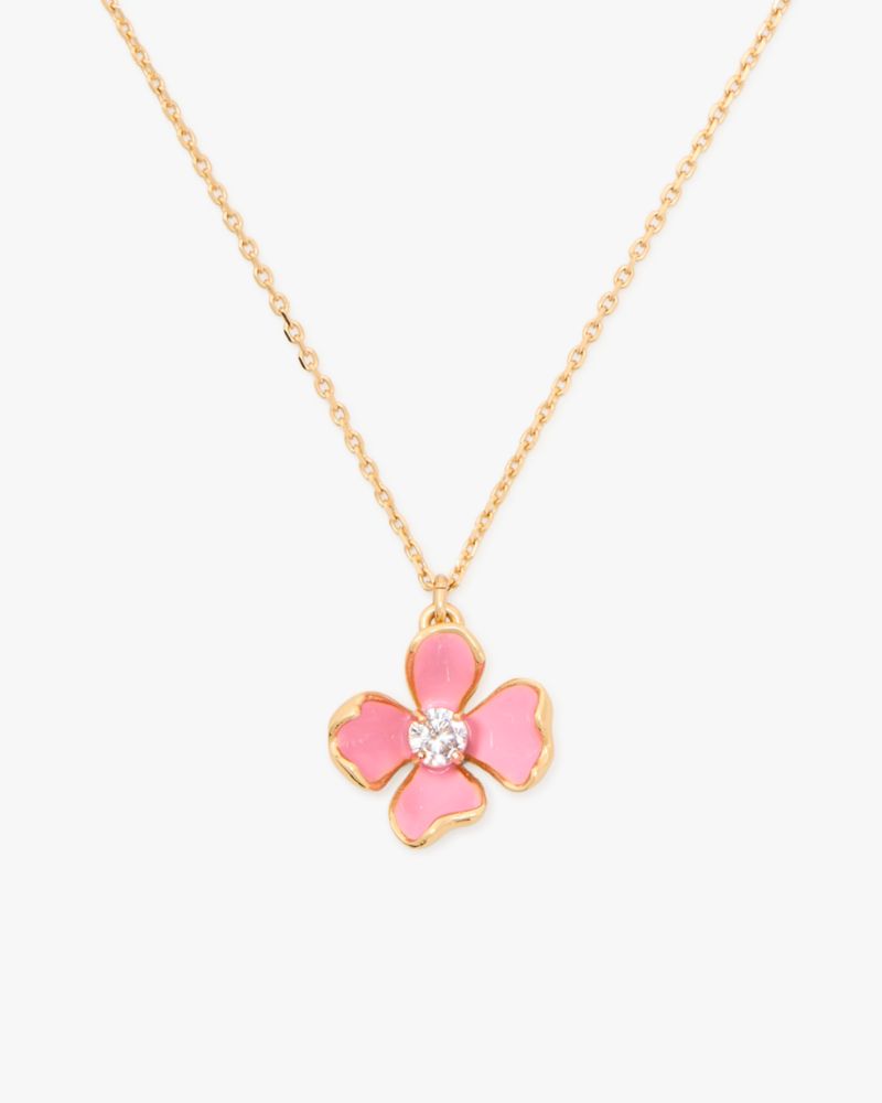 Kate Spade,Freshly Picked Mini Pendant,Single Strand,Enamel,Floral Embellishment,Rhinestones,Gold Plated,Casual,Pink