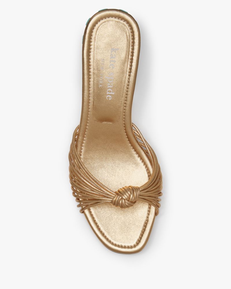 Kate Spade,Tiki Sandals,Leather,Metallic,Nappa Leather,Sculptural Heel,Slides,Knot,Day Party,Gold,Metallic