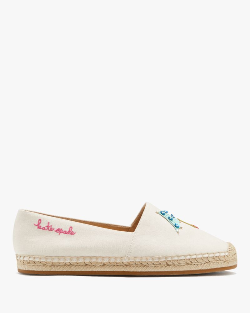 Kate Spade,Tiki Time Espadrilles,Canvas,Lining Leather,Twill,Cotton,Espadrilles,Flats,Applique,Casual,White