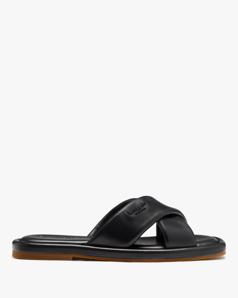 Kate Spade,Rio Slide Sandals,Faux Leather,Slides,Logo,Metal,Casual,Black